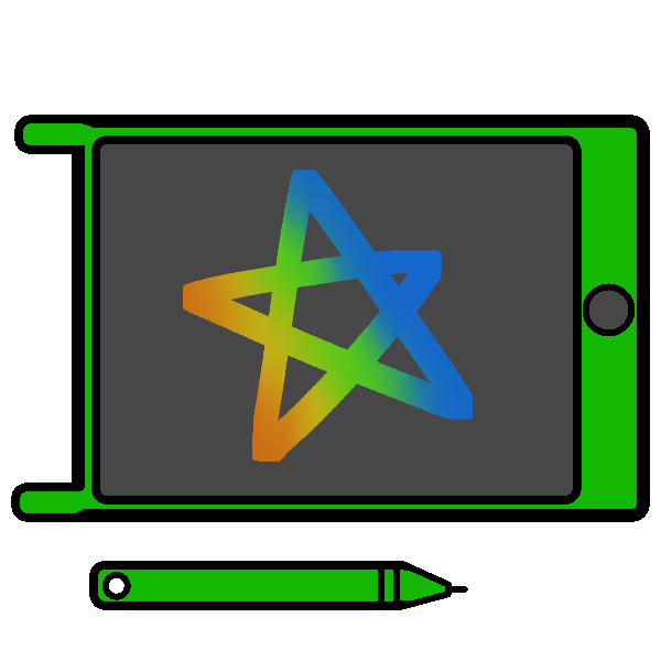 A green LCD tablet with a star drawn on it, and a matching stylus below it.